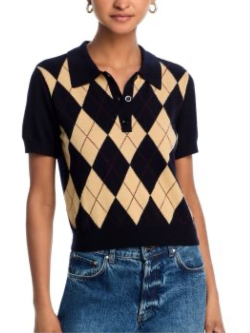Frame The Argyle Polo Wool Knit Top in Black and Beige size S